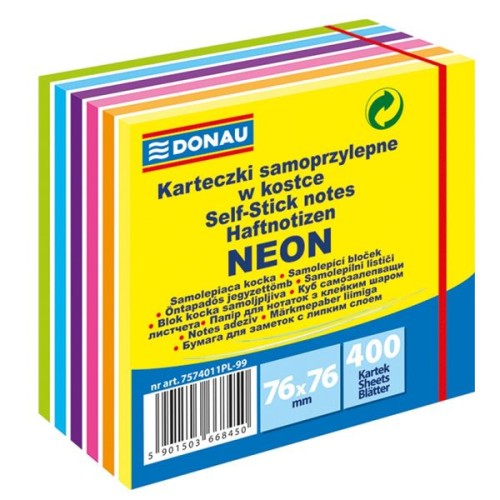 Notes samoprzylepny 76x76 mm 400 kartek neonowy mix kolorów DONAU