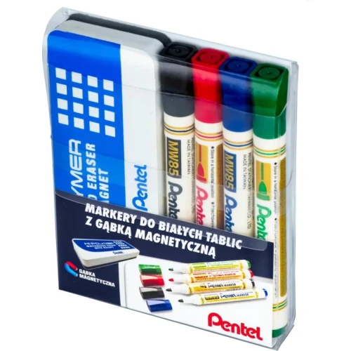 Marker suchościeralny okrągły 1,9mm PENTEL MW85 4 kolory + gąbka magnetyczna /MW85-ST4ABCDPL/