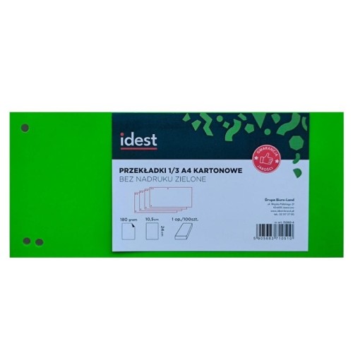 Przekładki 1/3 A4 kartonowe 100szt. bez nadruku zielone IDEST