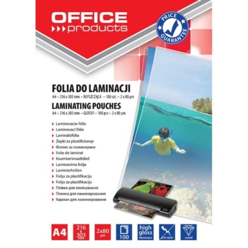 Folia do laminowania A4 216x303,m 80mic OFFICE PRODUCTS 100szt /20325415-90/