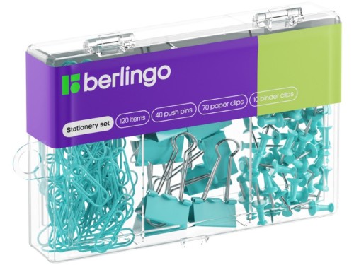 Zestaw Berlingo 40 pinzek, 70 spinaczy, 10 klipów niebieski