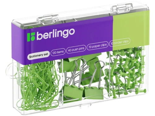 Zestaw Berlingo 40 pinzek, 70 spinaczy, 10 klipów zielony