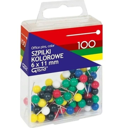Szpilki z okrągłymi kolorowymi główkami 6x11mm GRAND mix kolorów 100szt. /110-1672/