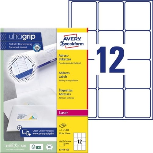 Etykiety papierowe 63,5x72mm AVERY ZWECKFORM adresowe ultragrip 100ark 1200etykiet białe