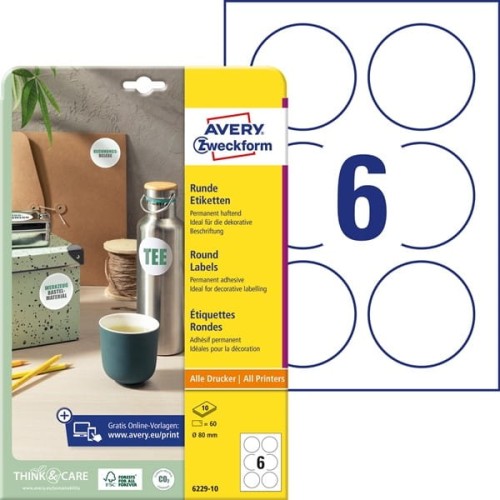 Etykiety papierowe okrągłe 80mm AVERY ZWECKFORM 10ark 60etykiet białe