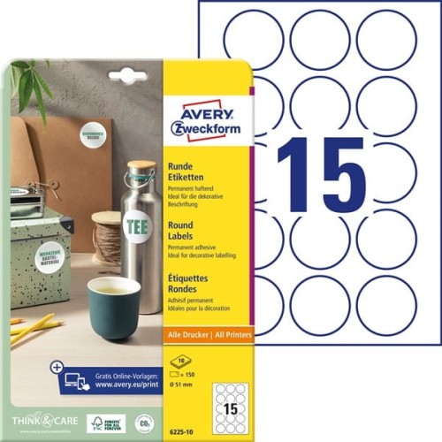 Etykiety papierowe okrągłe 51mm AVERY ZWECKFORM 10ark 150etykiet białe