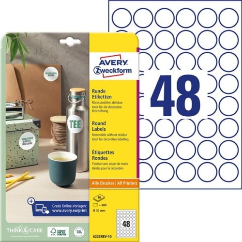 Etykiety papierowe usuwalne okrągłe 30mm AVERY ZWECKFORM 10ark 480etykiet białe