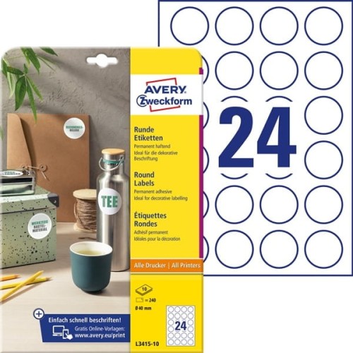 Etykiety papierowe okrągłe 40mm AVERY ZWECKFORM 10ark 240etykiet białe
