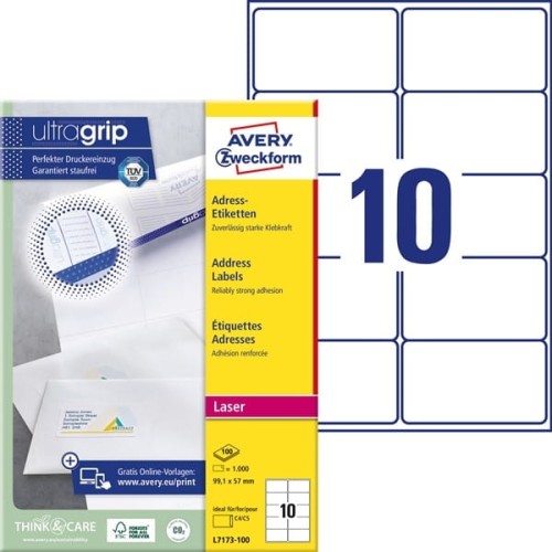 Etykiety papierowe 99,1x57mm AVERY ZWECKFORM adresowe ultragrip 100ark 1000etykiet białe
