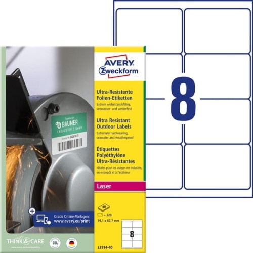 Etykiety foliowe polietylenowe 99,1x67,7mm AVERY ZWECKFORM wodoodporne ultra resistant 40ark 320etykiet białe matowe