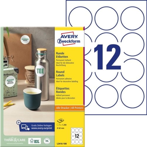 Etykiety papierowe okrągłe 60mm AVERY ZWECKFORM 100ark 1200etykiet białe