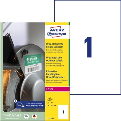 Etykiety foliowe polietylenowe 210x297mm AVERY ZWECKFORM wodoodporne znamionowe przemysłowe ultra resistant 40ark 40etykiet białe matowe
