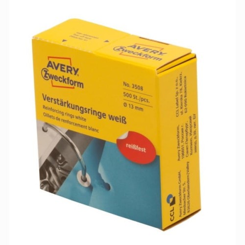 Pierścienie wzmacniające białe; 500 szt./op., O 13 mm,  Avery Zweckform
