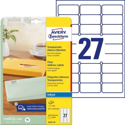 Etykiety foliowe poliestrowe 63,5x29,6mm AVERY ZWECKFORM wodoodporne adresowe 25ark 675etykiet transparentne