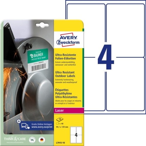 Etykiety foliowe polietylenowe 99,1x139mm AVERY ZWECKFORM wodoodporne ultra resistant 10ark 40etykiet białe matowe