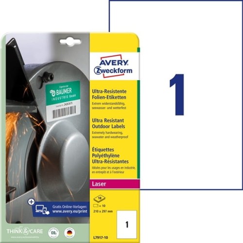 Etykiety foliowe polietylenowe 210x297mm AVERY ZWECKFORM wodoodporne ultra resistant 10ark 10etykiet białe matowe