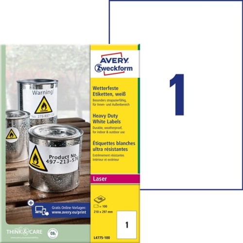 Etykiety foliowe poliestrowe 210x297mm AVERY ZWECKFORM wodoodporne znamionowe przemysłowe heavy duty 100ark 100etykiet białe matowe