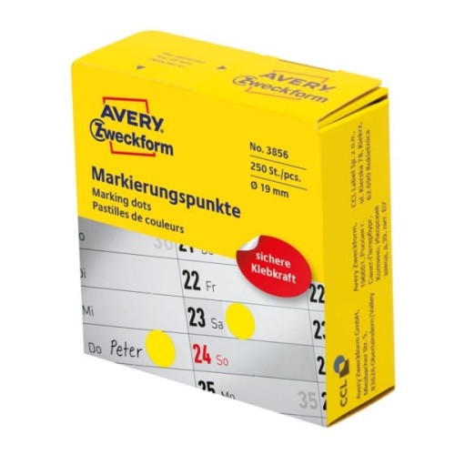 Etykiety na rolce papierowe okrągłe w dyspenserze 19mm 250etykiet AVERY ZWECKFORM żółte
