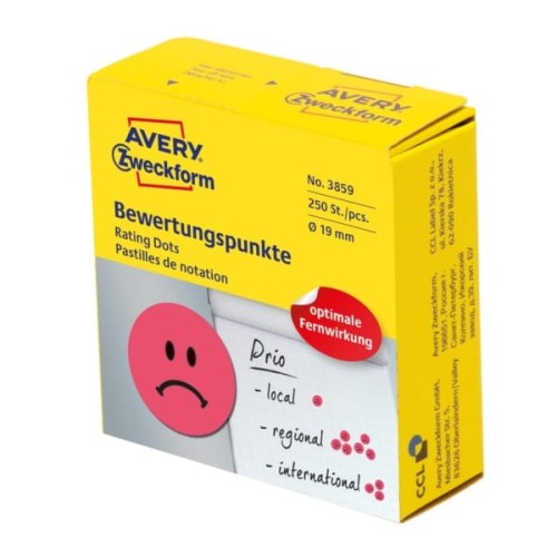 Etykiety na rolce papierowe okrągłe w dyspenserze 19mm AVERY ZWECKFORM do wyrażania opinii czerwone smutna buźka 250etykiet ka