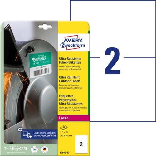 Etykiety foliowe polietylenowe 210x148mm AVERY ZWECKFORM wodoodporne ultra resistant 10ark 20etykiet białe matowe