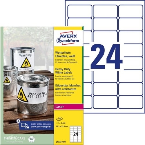 Etykiety foliowe poliestrowe 63,5x33,9mm AVERY ZWECKFORM wodoodporne heavy duty 100ark 2400etykiet białe matowe