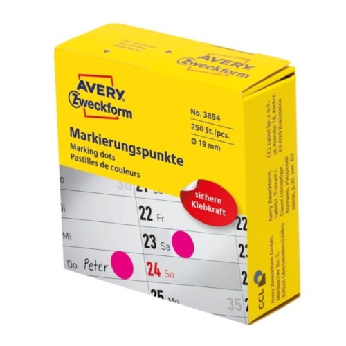 Etykiety na rolce papierowe okrągłe w dyspenserze 19mm 250etykiet AVERY ZWECKFORM różowe