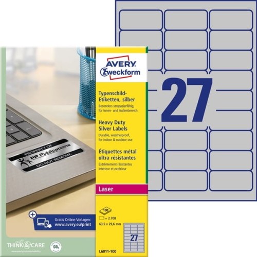 Etykiety foliowe poliestrowe 63,5x29,6mm AVERY ZWECKFORM wodoodporne znamionowe heavy duty 100ark 2700etykiet srebrne matowe