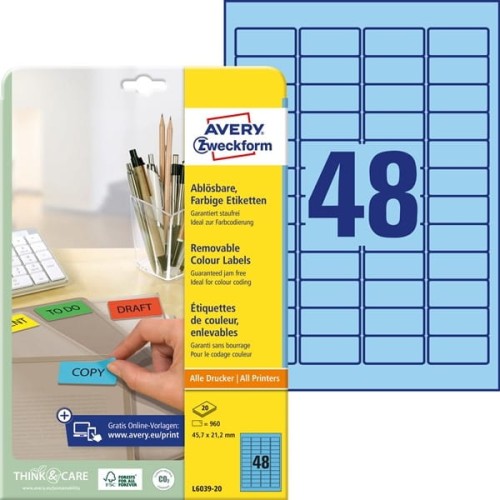 Etykiety papierowe usuwalne 45,7x21,2mm AVERY ZWECKFORM 20ark 960etykiet niebieskie