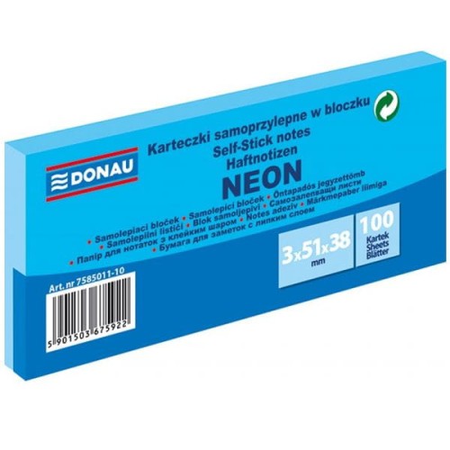 Notes samoprzylepny 38x51mm 3x100 kartek neonowy niebieski DONAU