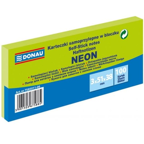 Notes samoprzylepny 38x51mm 3x100 kartek neonowy zielony DONAU