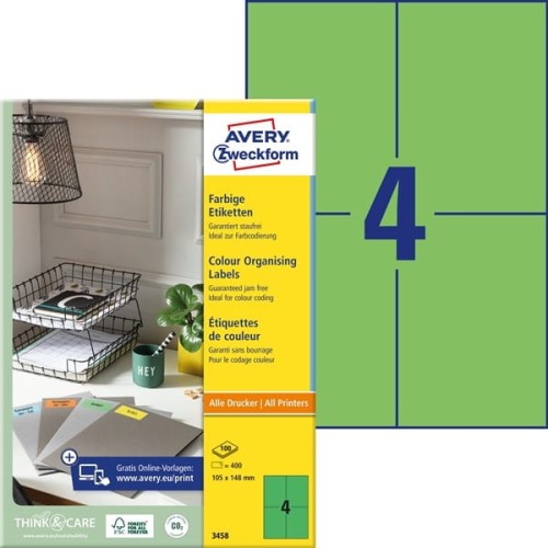 ETYKIETY PAPIEROWE 105x148mm AVERY ZWECKFORM 100ark 400etykiet ZIELONE  /3458/