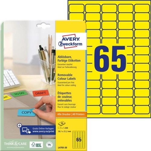 Etykiety papierowe usuwalne 38,1x21,2mm AVERY ZWECKFORM 20ark 1300etykiet żółte