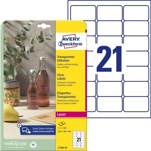 Etykiety foliowe poliestrowe 63,5x38,1mm AVERY ZWECKFORM wodoodporne crystal clear 25ark 525etykiet transparentne błyszczące