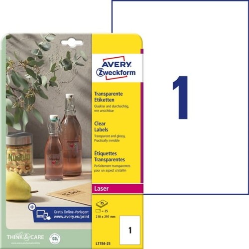 Etykiety foliowe poliestrowe 297x210mm AVERY ZWECKFORM wodoodporne crystal clear 25ark 25etykiet transparentne błyszczące