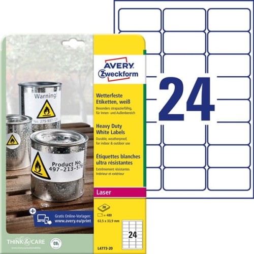 Etykiety foliowe poliestrowe 63,5x33,9mm AVERY ZWECKFORM wodoodporne znamionowe przemysłowe heavy duty 20ark 480etykiet białe matowe