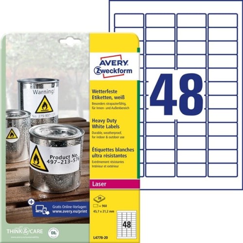 Etykiety foliowe poliestrowe 45,7x21,2mm AVERY ZWECKFORM wodoodporne znamionowe przemysłowe heavy duty 20ark 960etykiet białe matowe