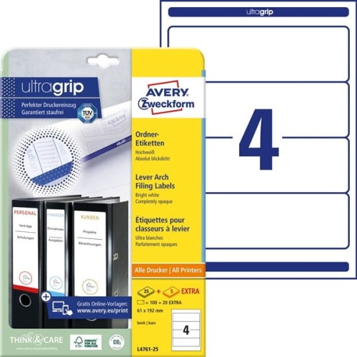 Etykiety papierowe do segregatora 192x61mm AVERY ZWECKFORM ultragrip 25+5ark 120etykiet białe