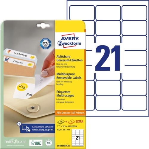 Etykiety papierowe usuwalne 63,5x38,1mm AVERY ZWECKFORM 25+5ark 630etykiet białe