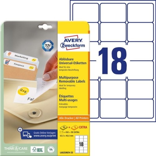 Etykiety papierowe usuwalne 63,5x46,6mm AVERY ZWECKFORM 25+5ark 540etykiet białe