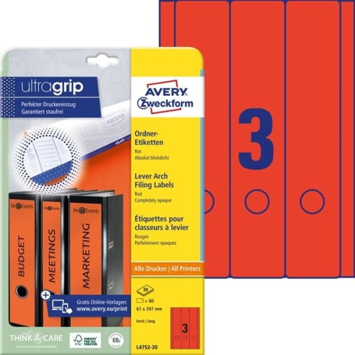Etykiety papierowe do segregatora 61x297mm AVERY ZWECKFORM ultragrip 20ark 60etykiet czerwone