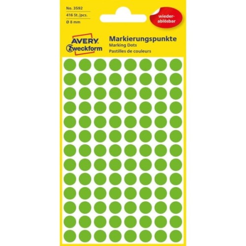 Etykiety papierowe usuwalne okrągłe 8mm AVERY ZWECKFORM 4ark 416etykiet zielone