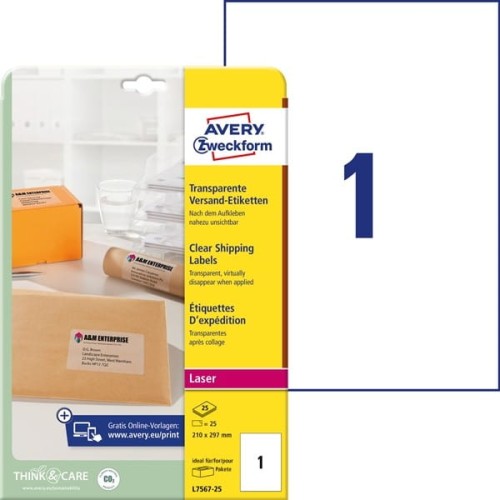 Etykiety foliowe poliestrowe 210x297mm AVERY ZWECKFORM wodoodporne adresowe 25ark 25etykiet transparentne