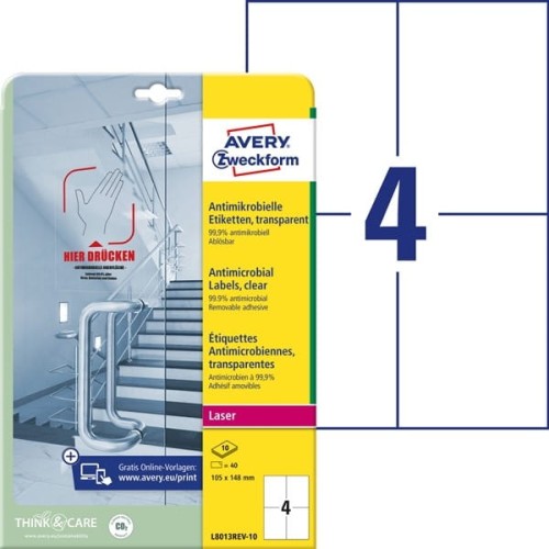 Folia samoprzylepna antydrobnoustrojowa (antybakteryjna) usuwalna 105x148mm AVERY ZWECKFORM przezroczysta 10 arkuszy 40 etykiet