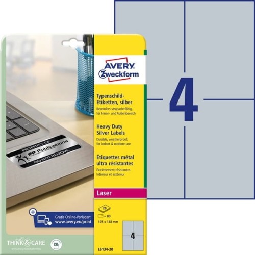 Etykiety foliowe poliestrowe 105x148mm AVERY ZWECKFORM wodoodporne znamionowe heavy duty 20ark 80etykiet srebrne matowe