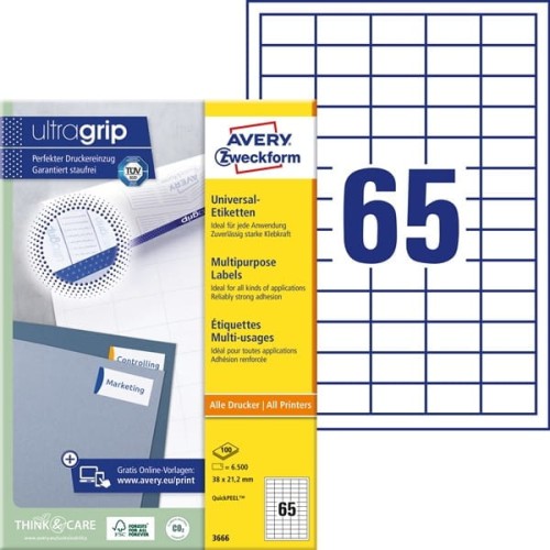 ETYKIETY PAPIEROWE 38x21,2mm AVERY ZWECKFORM ULTRAGRIP 100ark 6500etykiet BIAŁE  /3666/