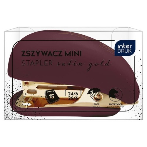 Zszywacz mini plastikowy do 15 kartek na zszywki 24/6 INTERDRUK SATIN GOLD SOFT TOUCH SATYNOWANA obudowa mix kolorów 1szt.
