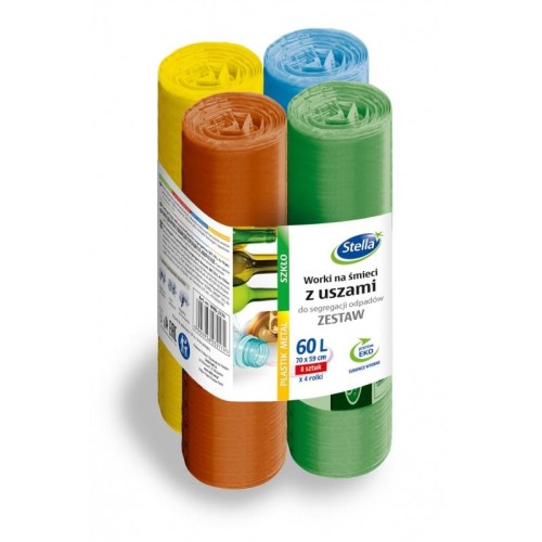 Worki na śmieci 60l LDPE 25µm STELLA do segregacji mix (papier,bio,szkło,plastik) 4x8szt.