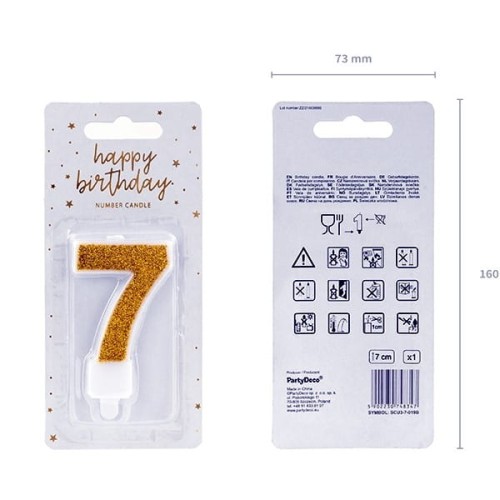 Świeczka urodzinowa 7cm PARTYDECO CYFRA "7" brokatowa złota 1szt.