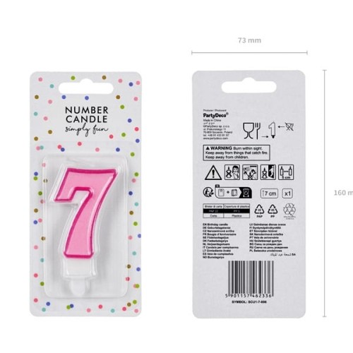 Świeczka urodzinowa 7cm PARTYDECO CYFRA "7" różowa 1szt.
