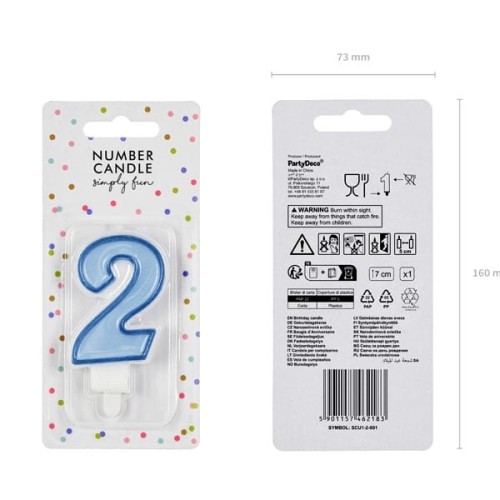 Świeczka urodzinowa 7cm PARTYDECO CYFRA "2" niebieska 1szt.